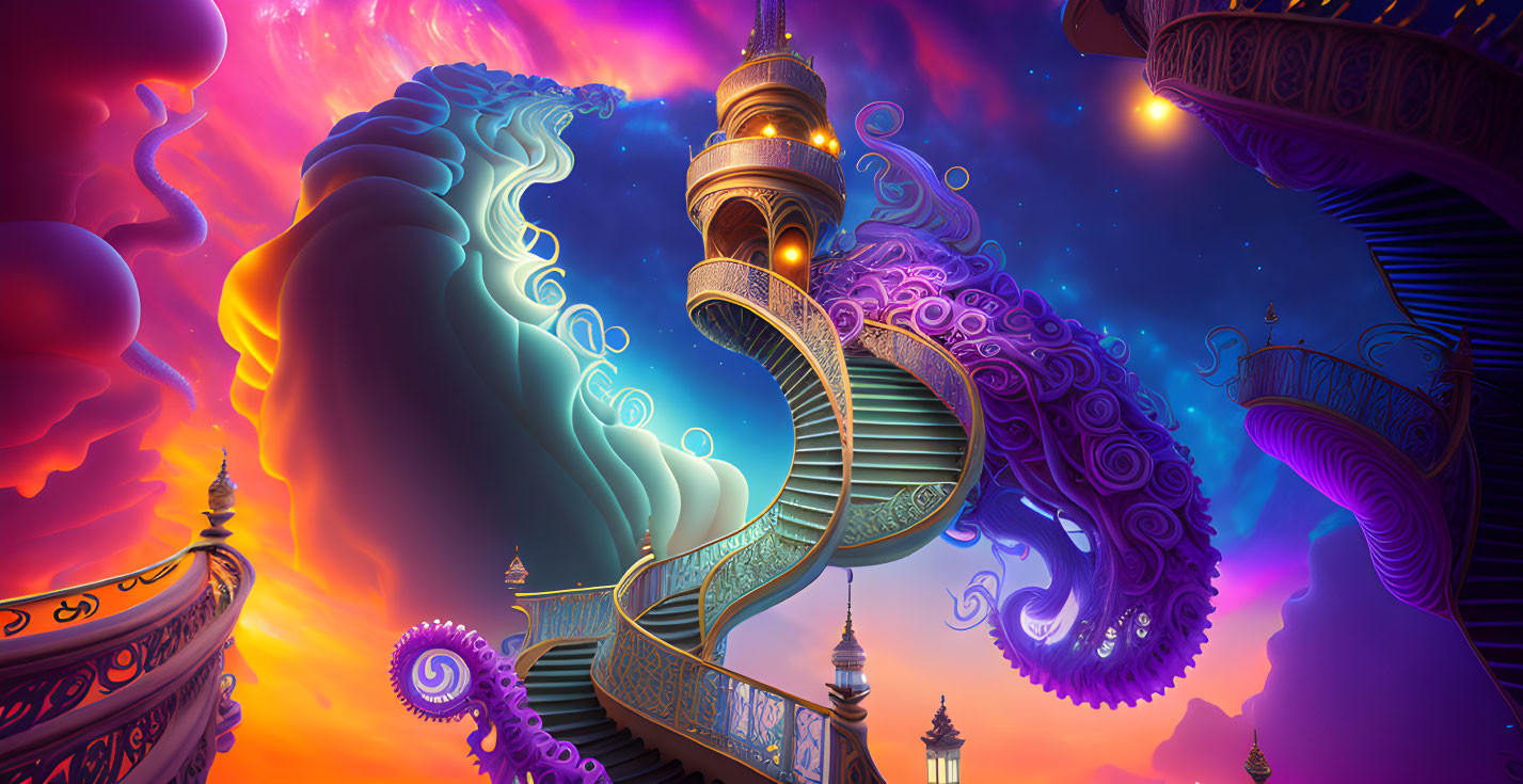 Illustration of ornate staircases to towers in twilight sky