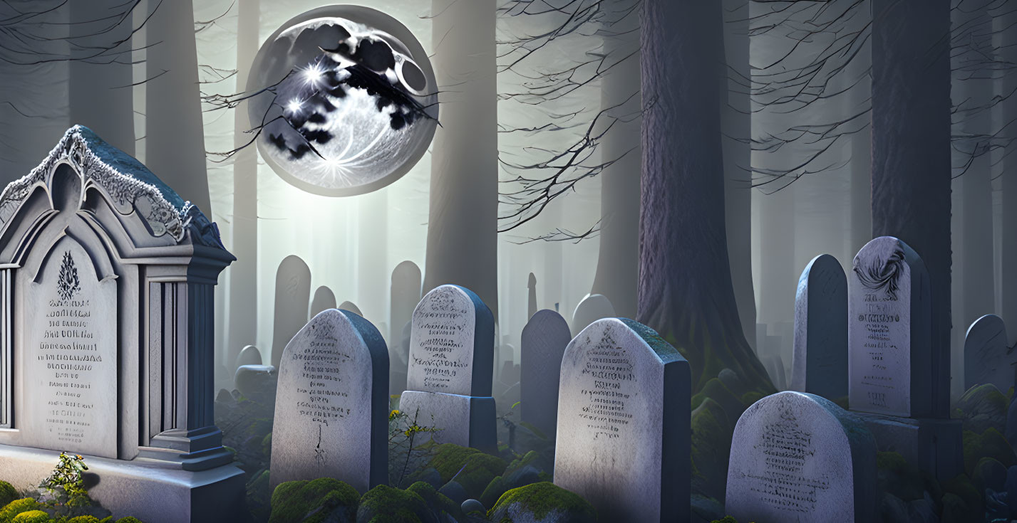 Spooky graveyard scene with glowing full moon and tombstones