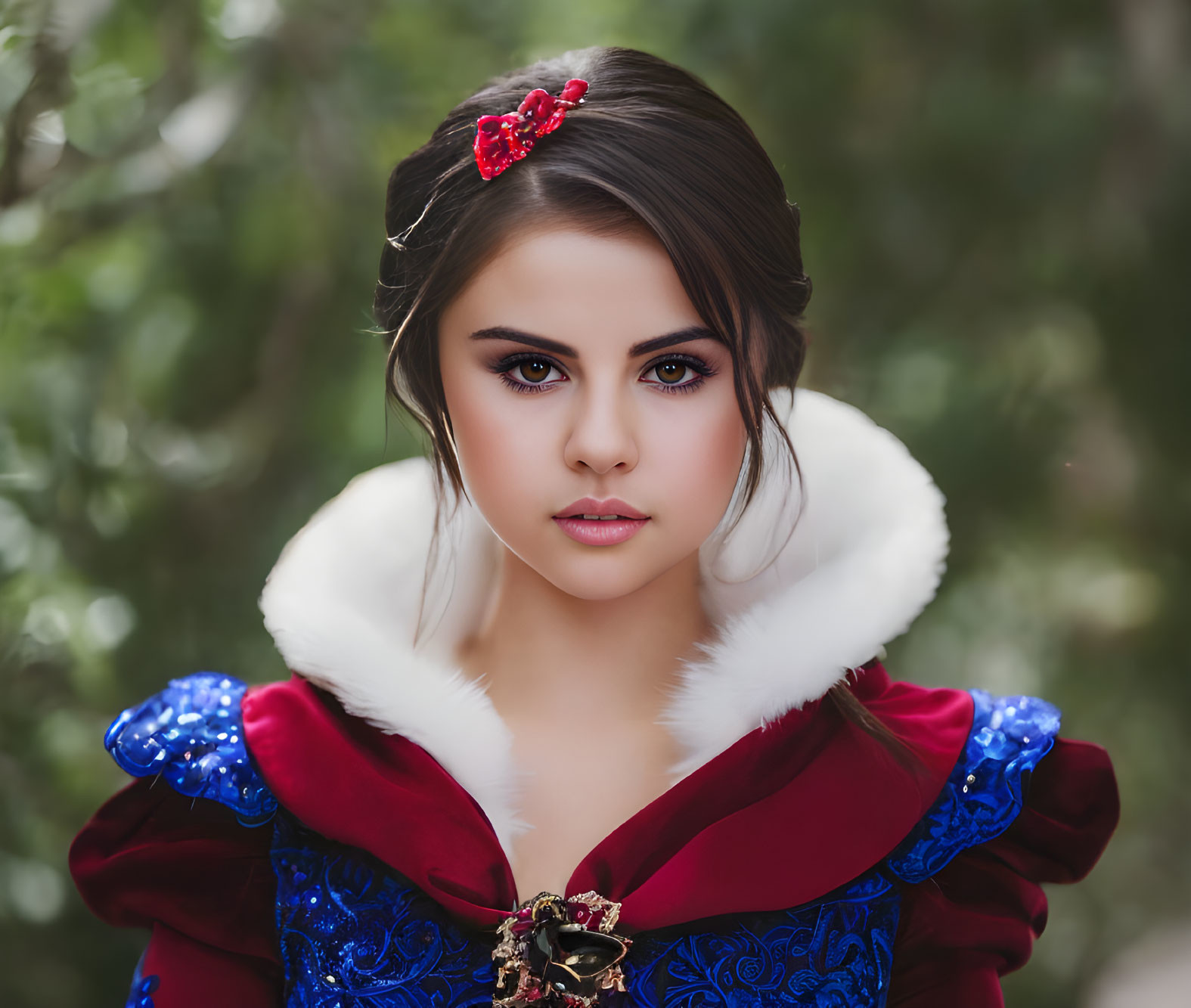 Medieval-themed portrait of young woman in blue and red dress with fur collar and red hair accessory.