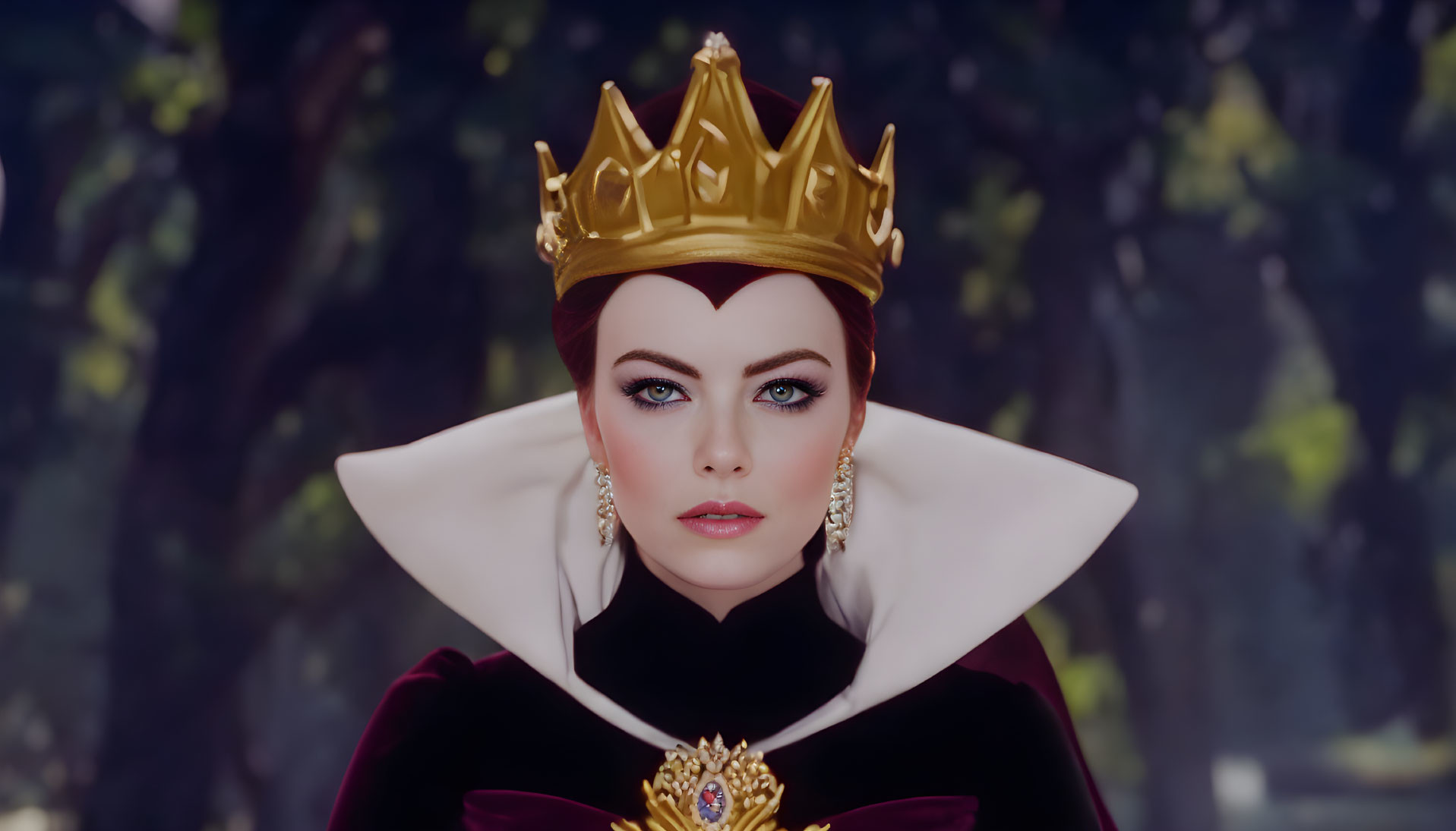 Regal figure with golden crown and blue eyes in maroon outfit