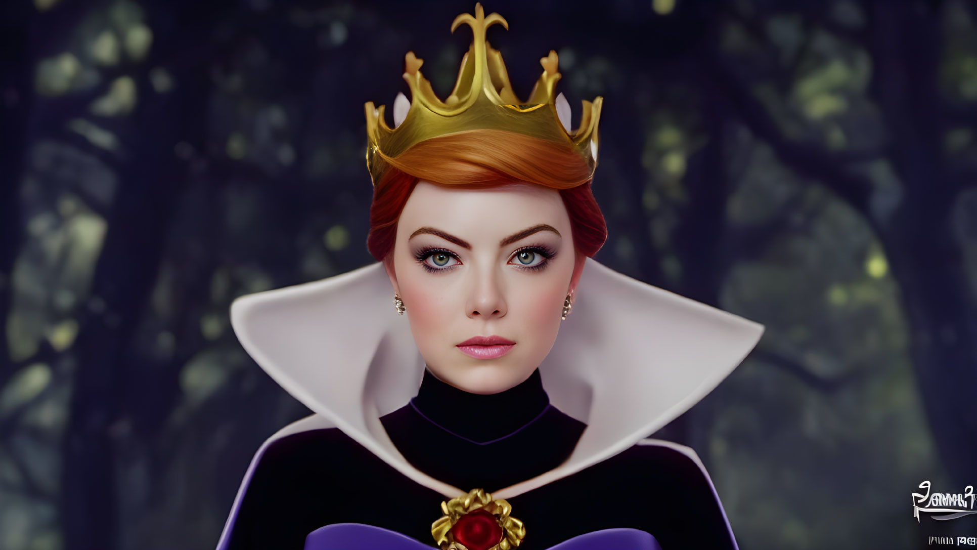 Regal woman with orange hair in gold crown and black outfit against dark forest.