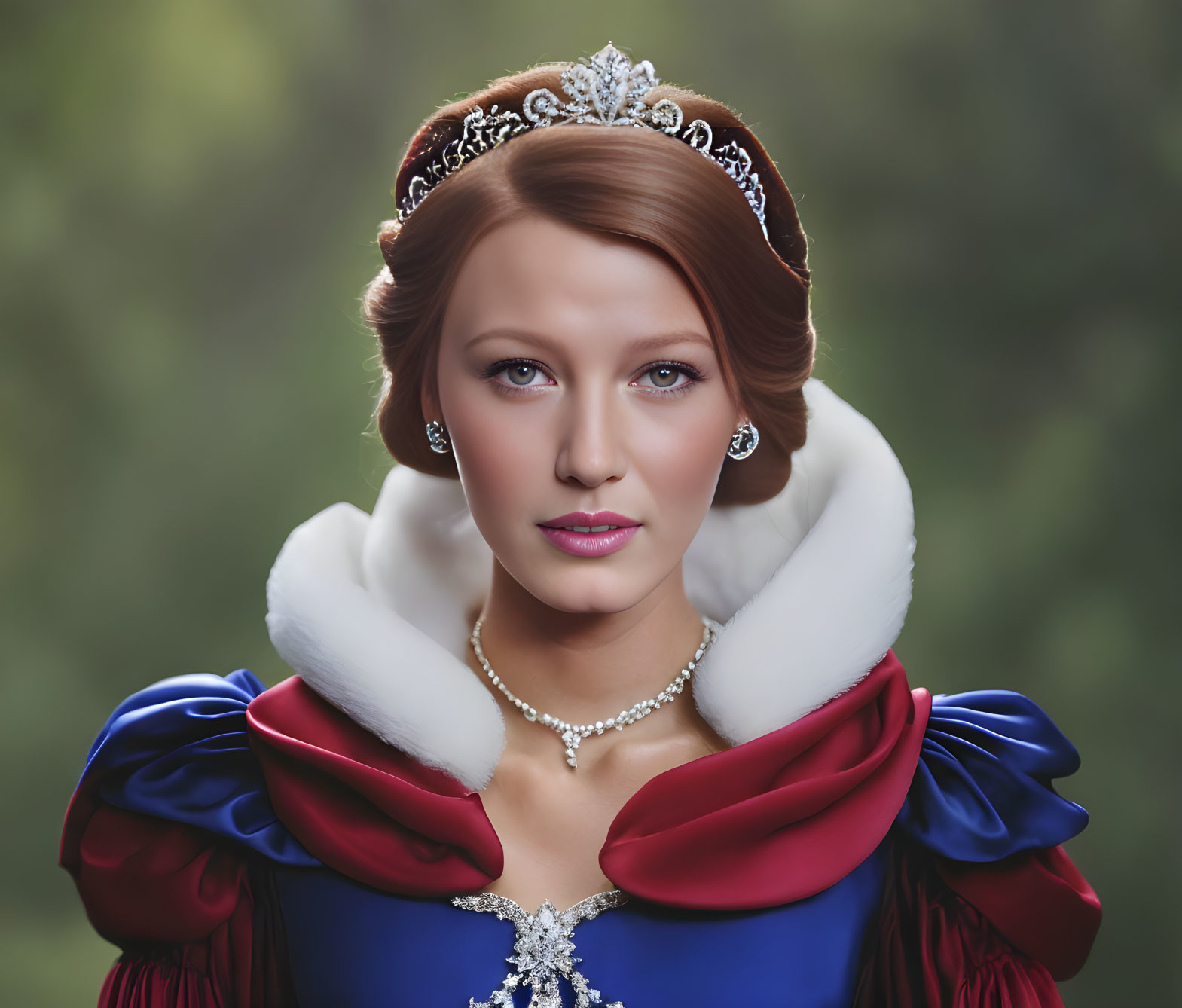 Regal woman in tiara, pearl necklace, blue and red dress