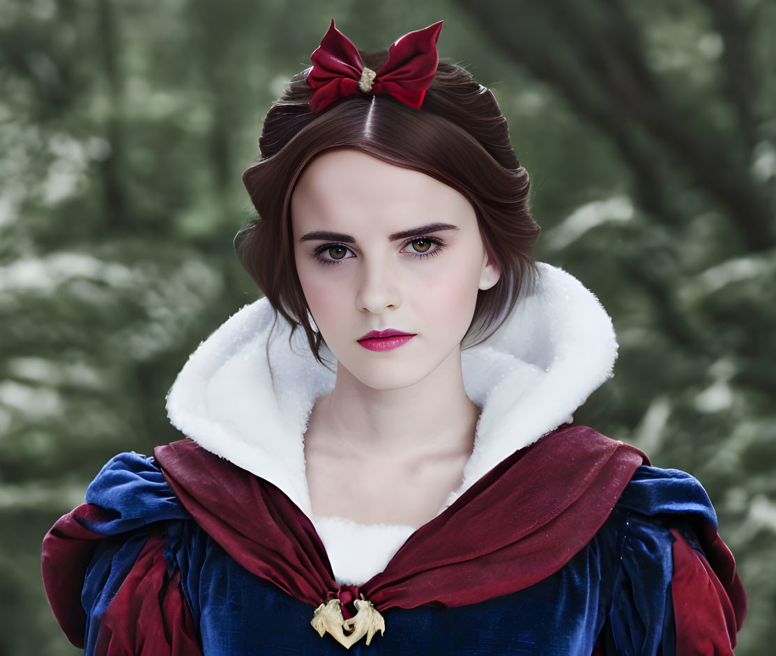 Person in Snow White costume with red bow in forest