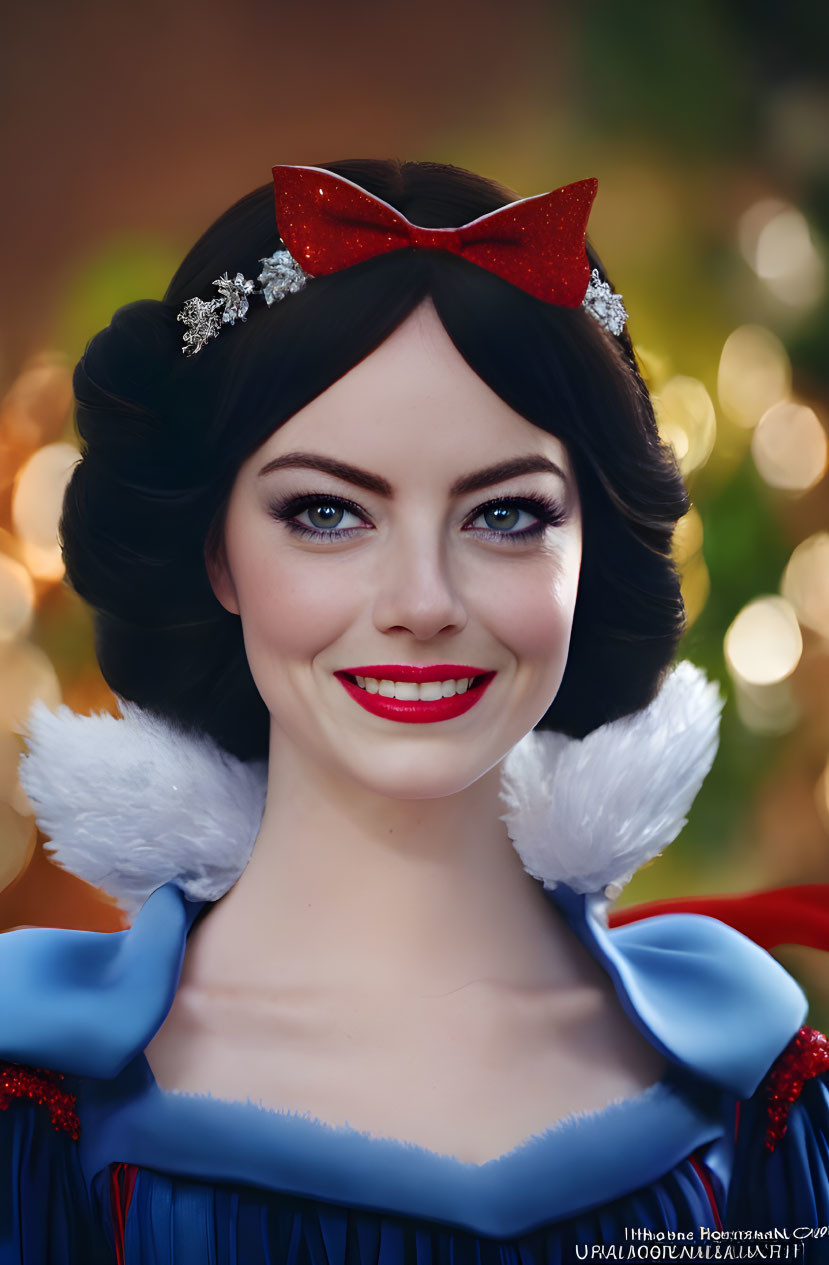 Woman in Snow White costume with red bow headband and bright red lipstick on blurred background