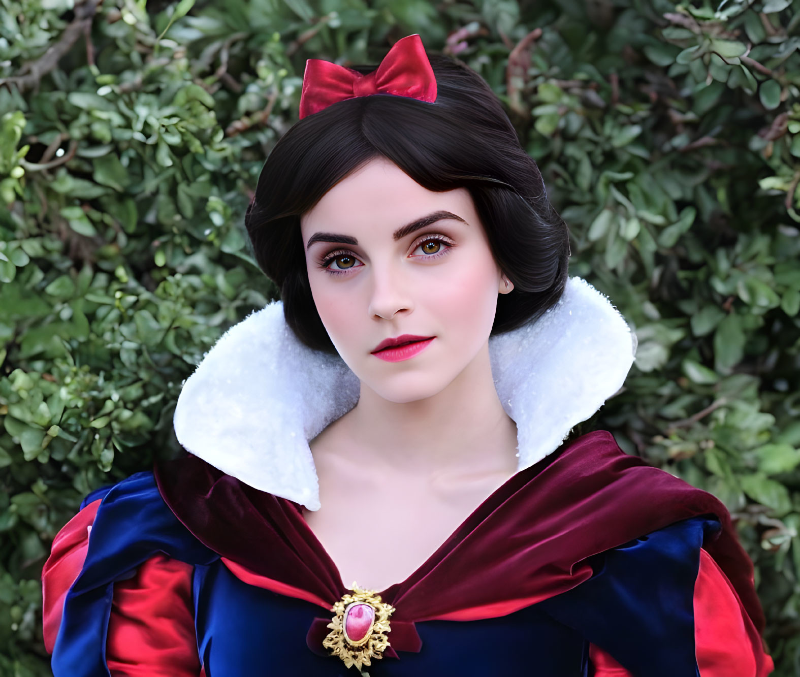 Woman in Snow White costume with red bow and puffy sleeves on green leafy backdrop