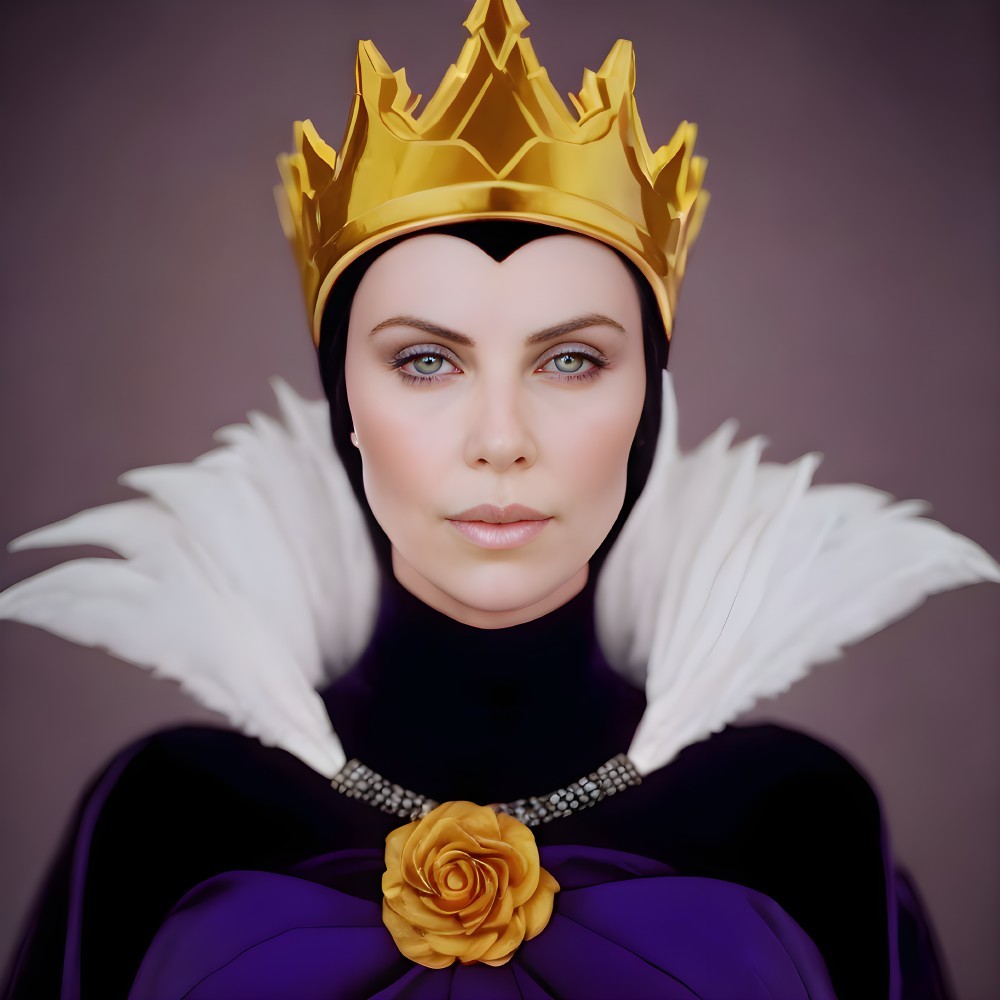 Woman in golden crown with dark eye makeup in black outfit with white collar and yellow rose brooch