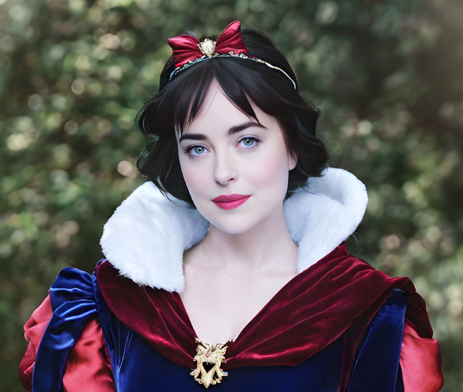 Person in Snow White costume with blue and red gown against leafy backdrop