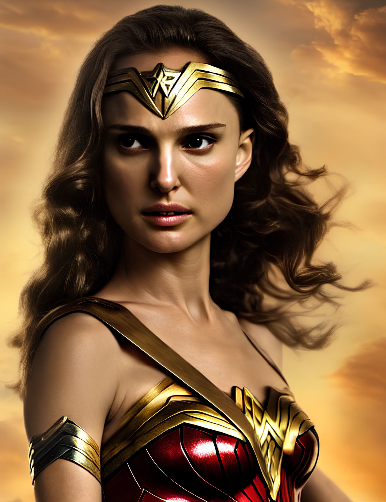 Woman in Wonder Woman costume with tiara under golden sky