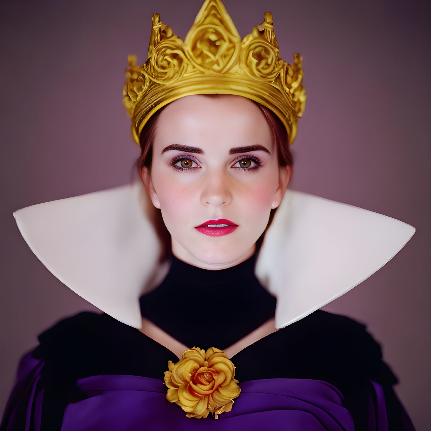 Portrait of person in golden crown, white collar, black top, purple garment with yellow flower