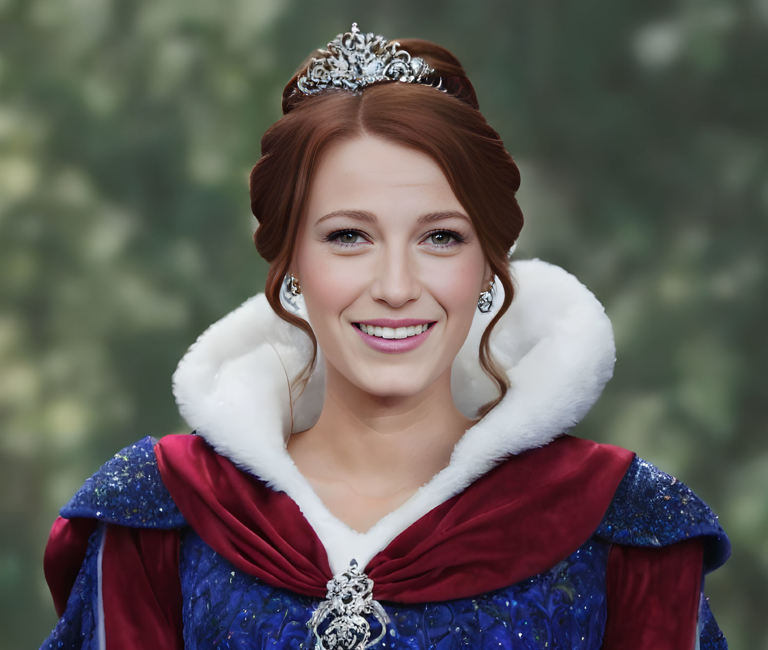 Red-haired woman in medieval attire smiling against bokeh background