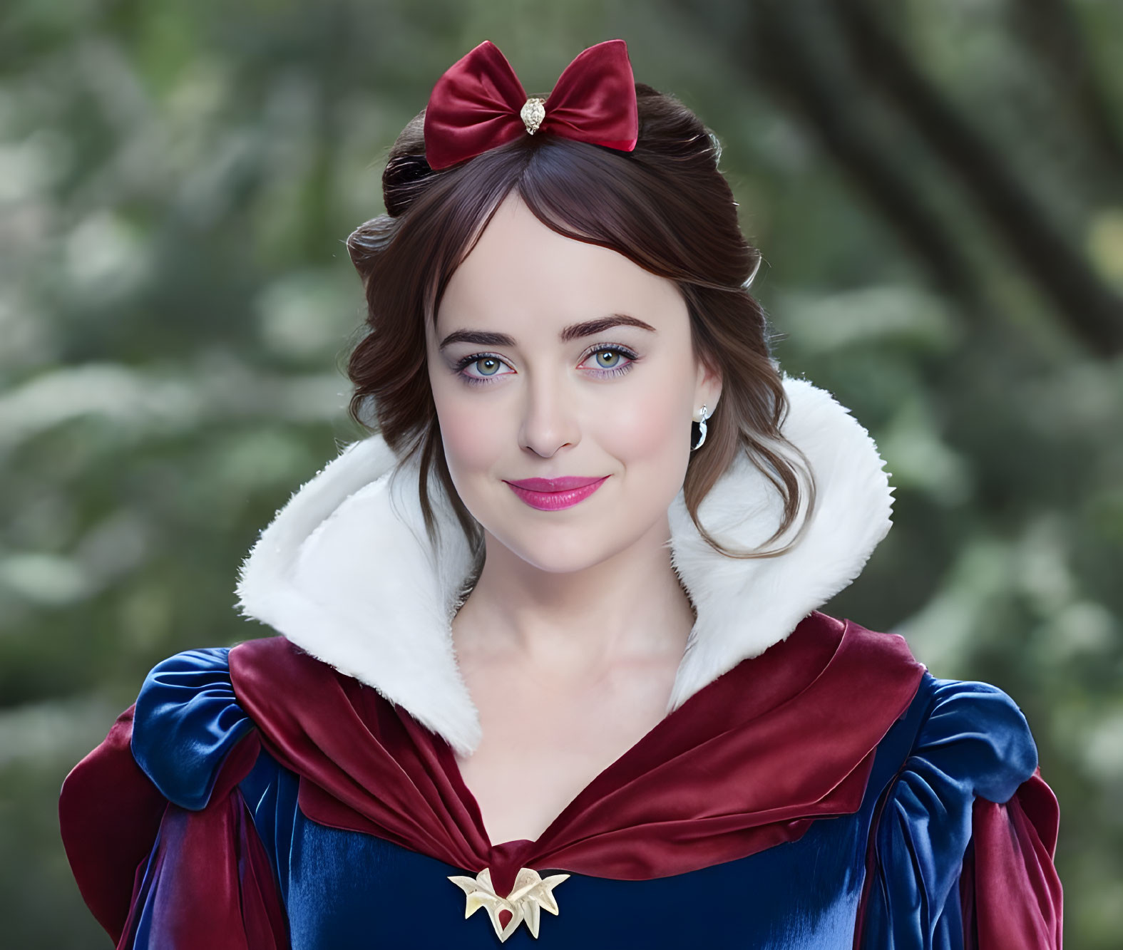 Woman in Snow White costume with red bow headband and blue dress on green background