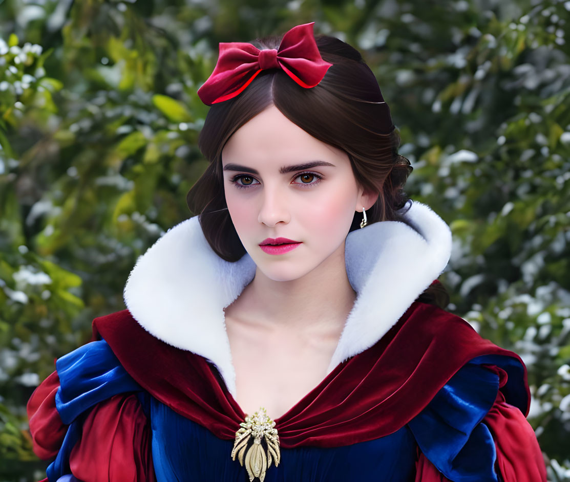 Woman in Snow White costume with red bow, blue dress, and golden brooch against green foliage.