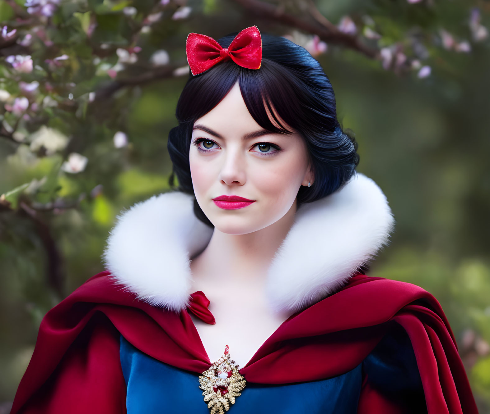 Fairytale character in blue dress with red bow and jeweled brooch amidst blooming flowers