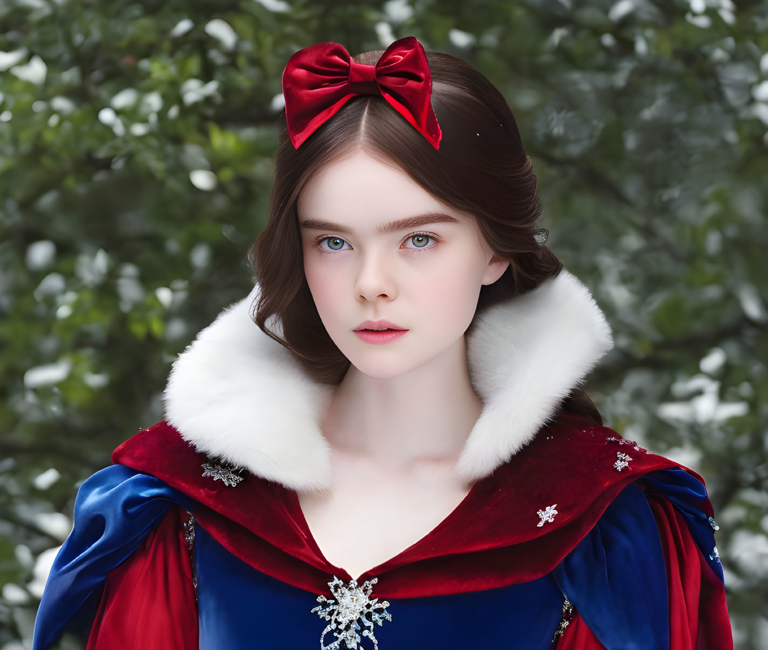 Young woman with blue eyes in red bow and dress with snowflake brooch