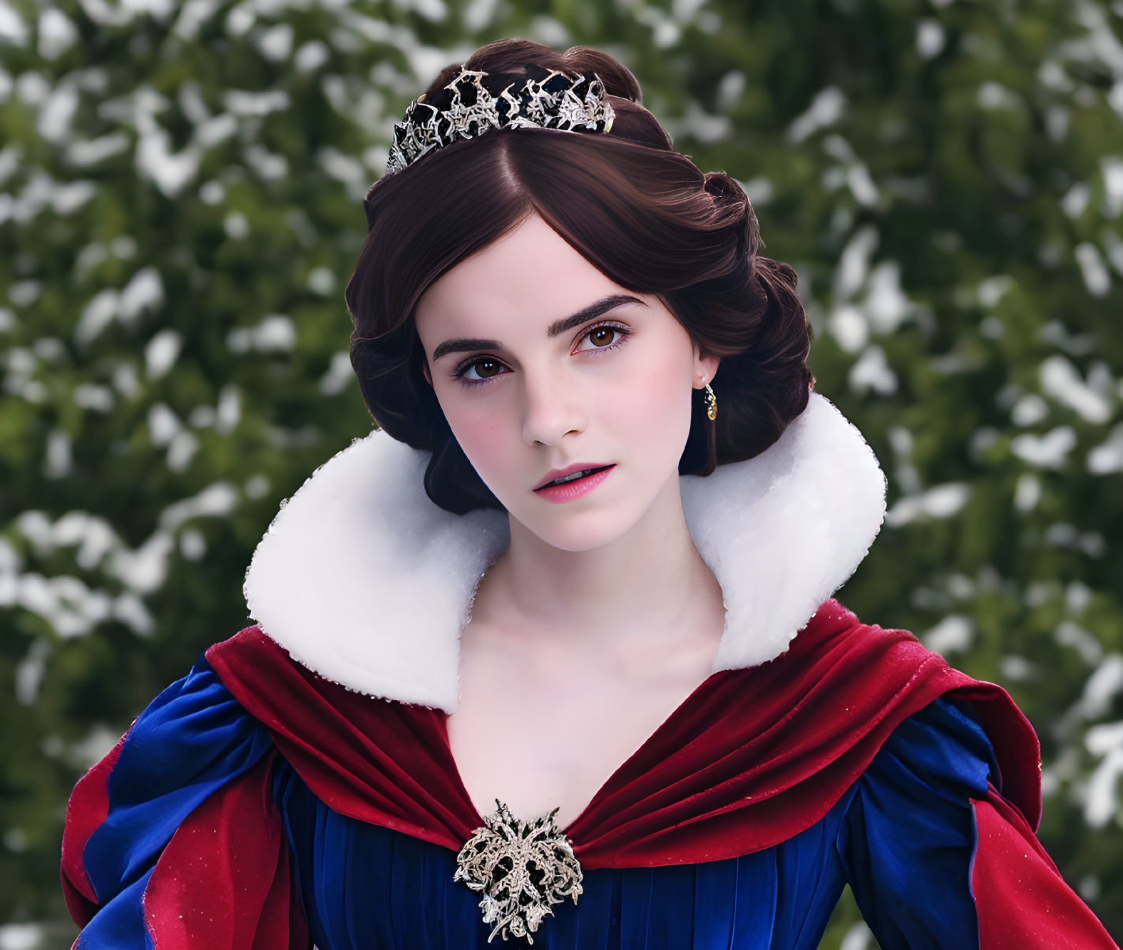 Woman in Royal Blue and Red Dress with Silver Tiara and Snowy Background