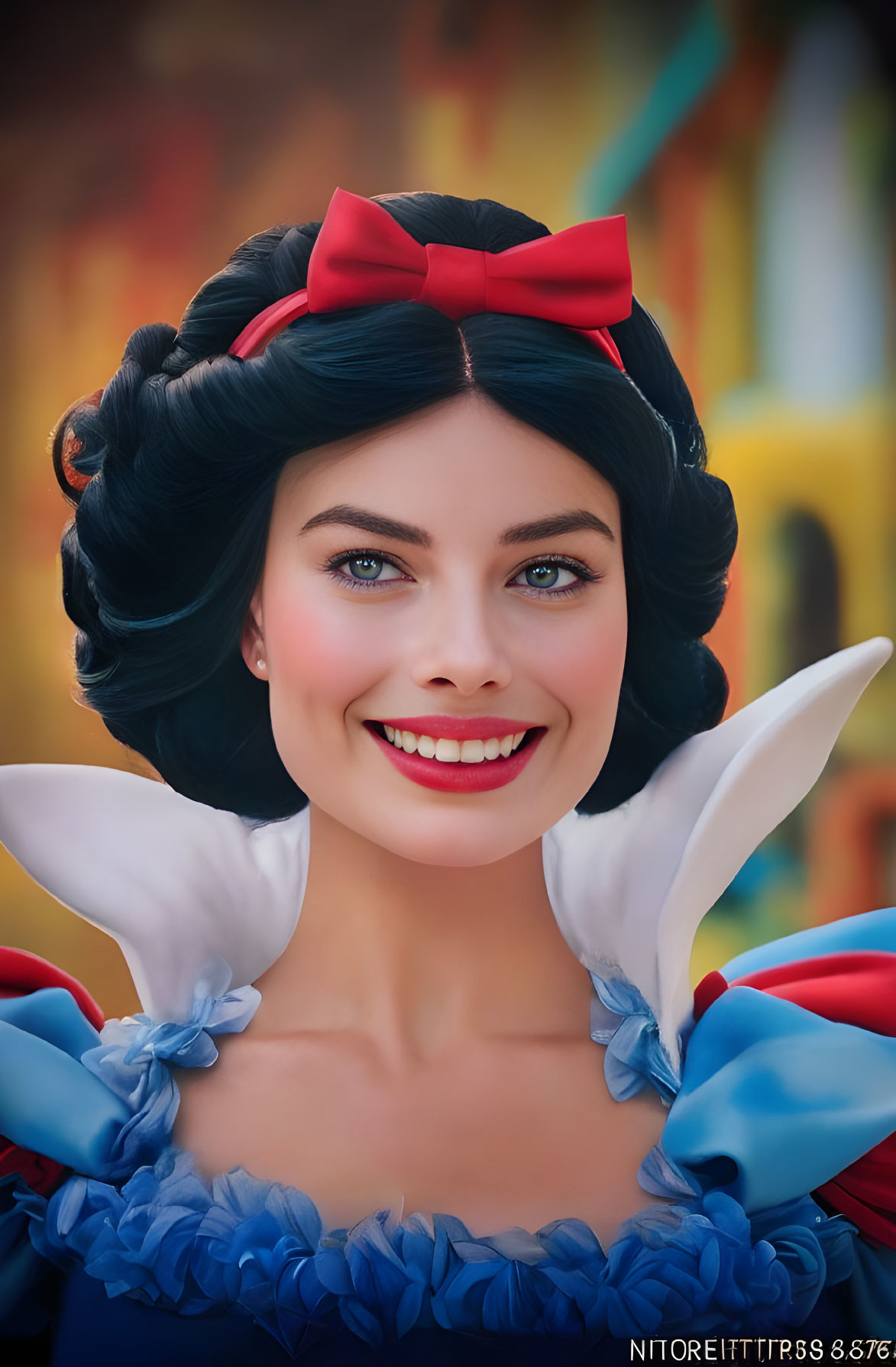 Woman in Snow White costume with red bow and blue dress smiling against colorful backdrop