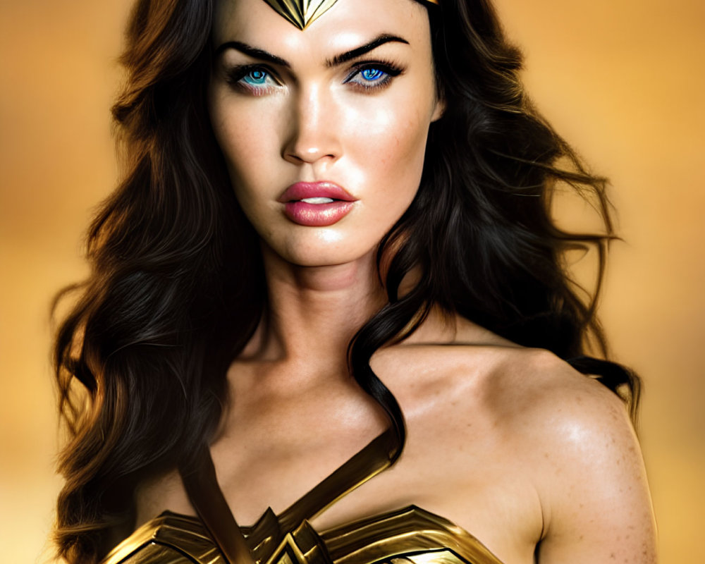 Woman in Wonder Woman costume with intense blue eyes and detailed outfit