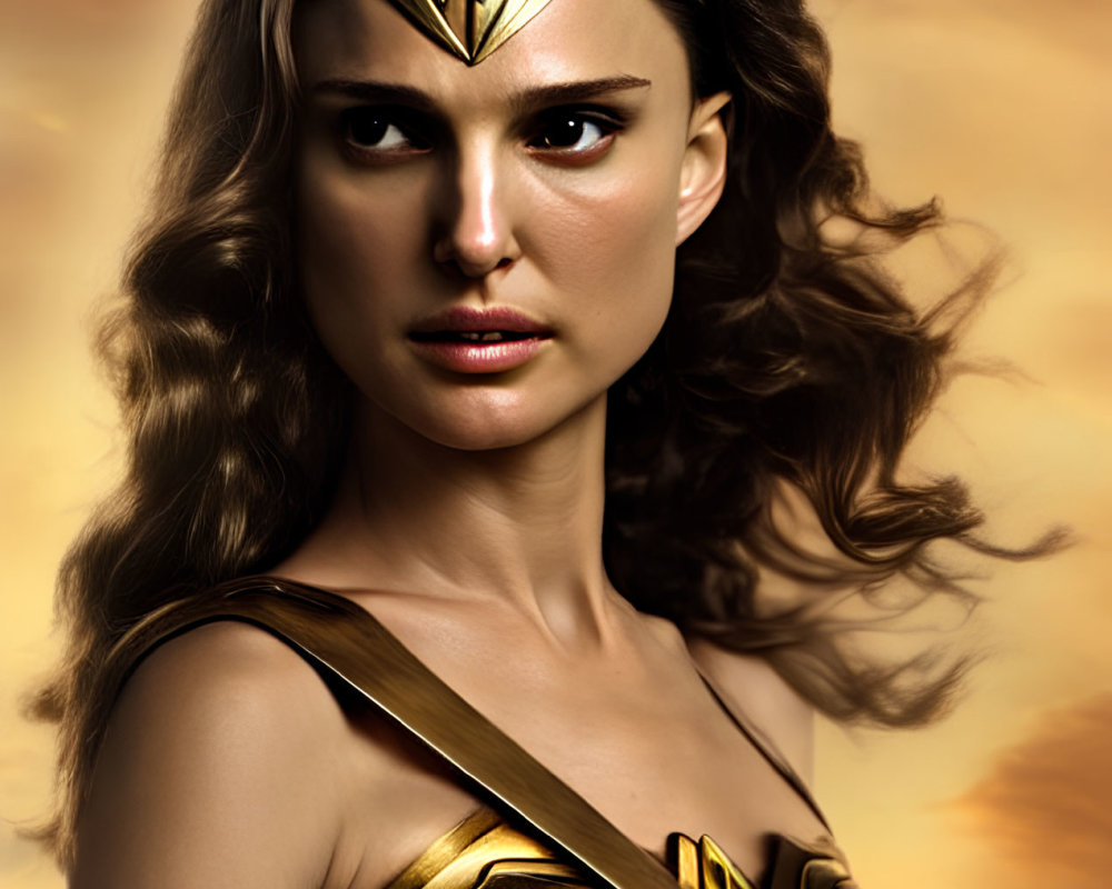 Woman in Wonder Woman costume with tiara under golden sky
