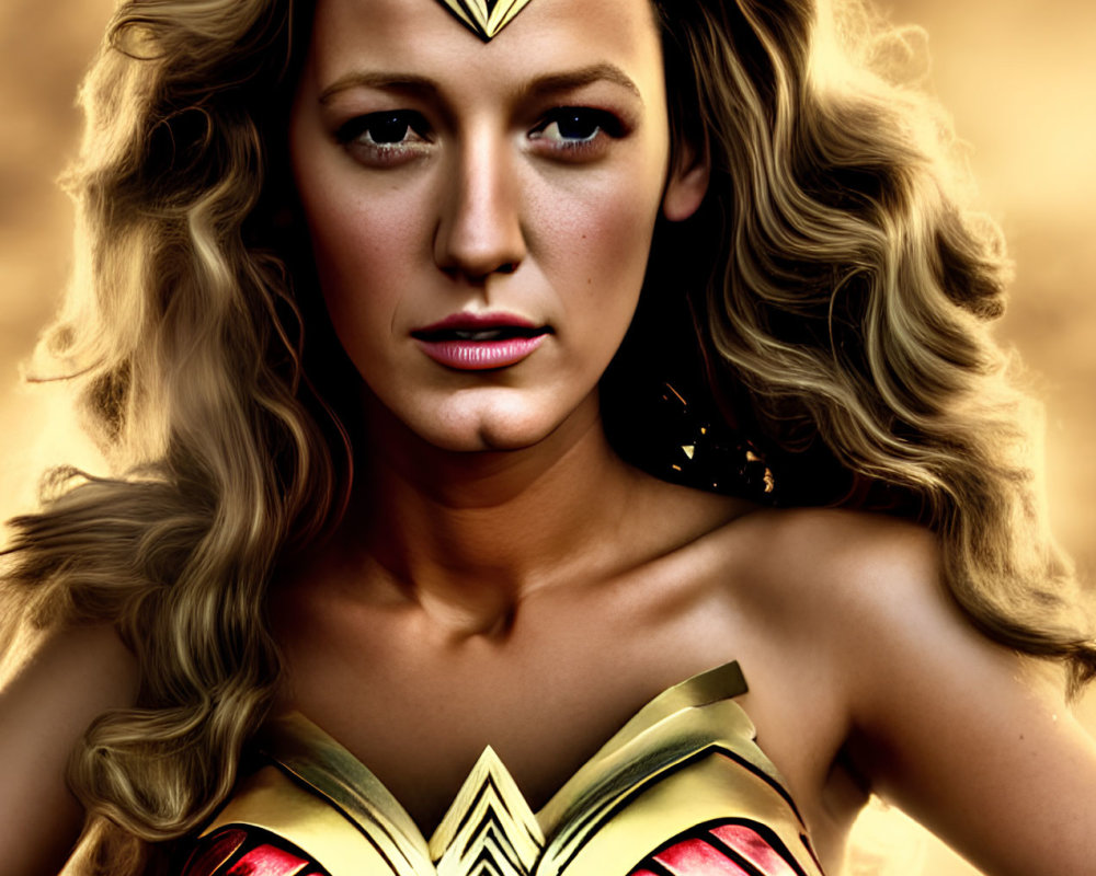 Long Curly-Haired Figure in Red and Gold Superhero Costume on Golden Background