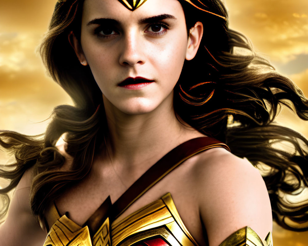 Woman in Wonder Woman costume against dramatic sky with golden tiara