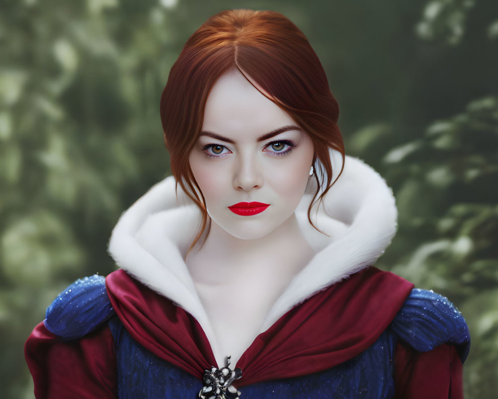 Woman with Blue Eyes and Red Hair in Royal Blue Dress with White Fur Collar on Green Background