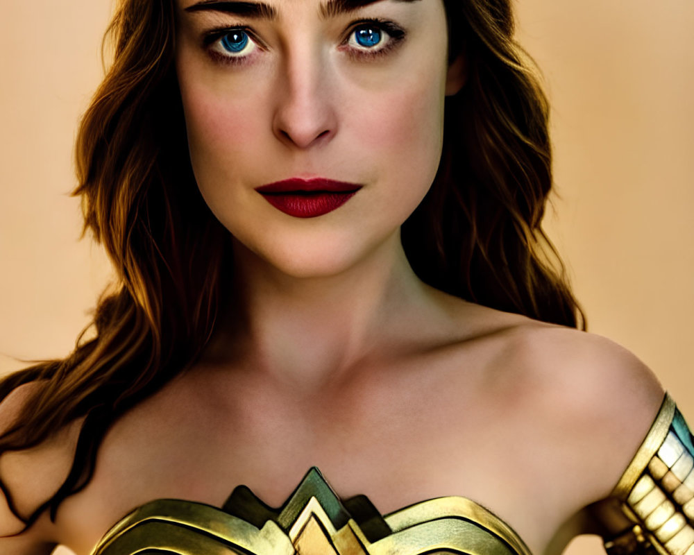 Woman in Wonder Woman Costume with Golden Tiara and Blue Eyes