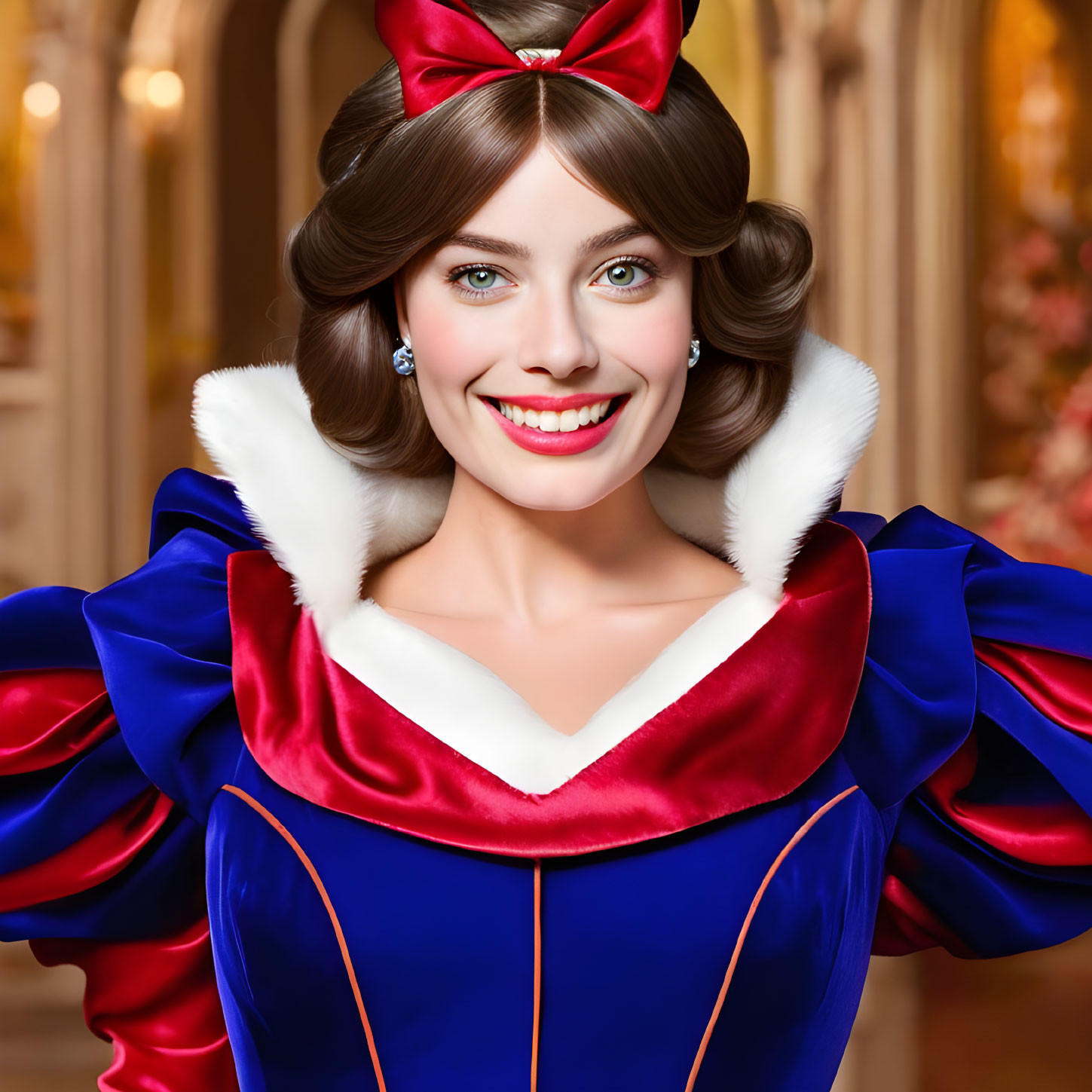 Smiling woman in Snow White costume with blue and red dress