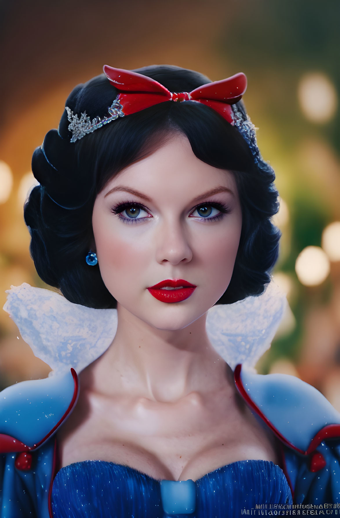 Character in Snow White costume with red bow headband and blue dress