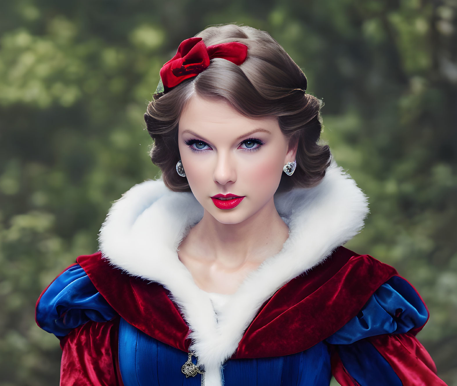 Woman in Snow White costume with red bow and blue dress in forest setting