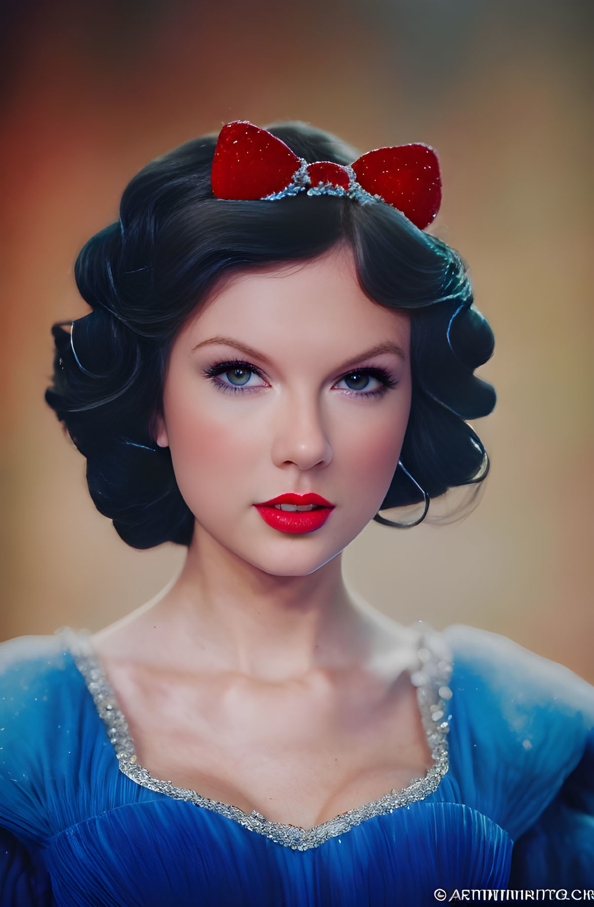 Woman in stylized makeup and blue dress with red bow headband