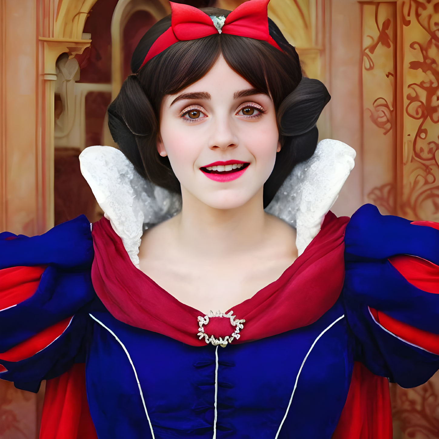 Fairytale character costume with red headband and blue outfit