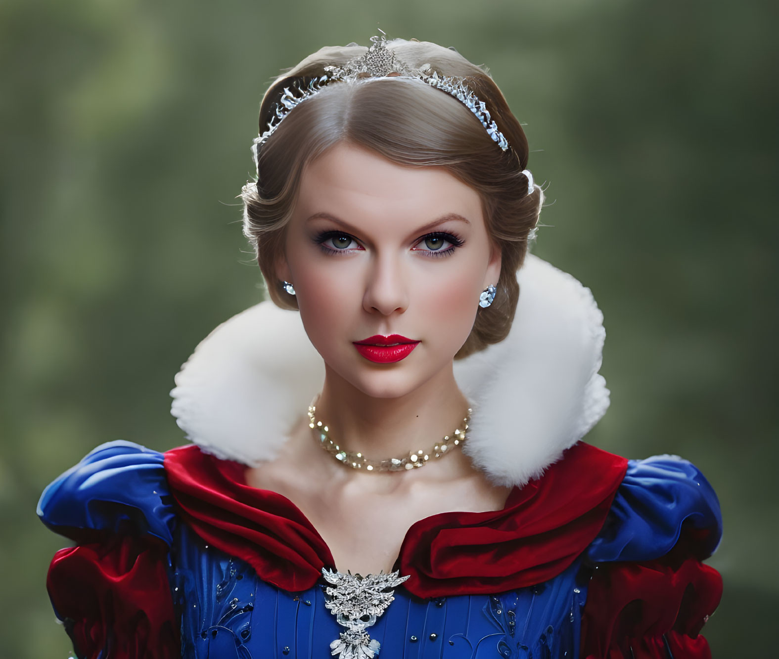 Woman in royal blue dress with fur trim, tiara, pearl necklace, and diamond earrings against green