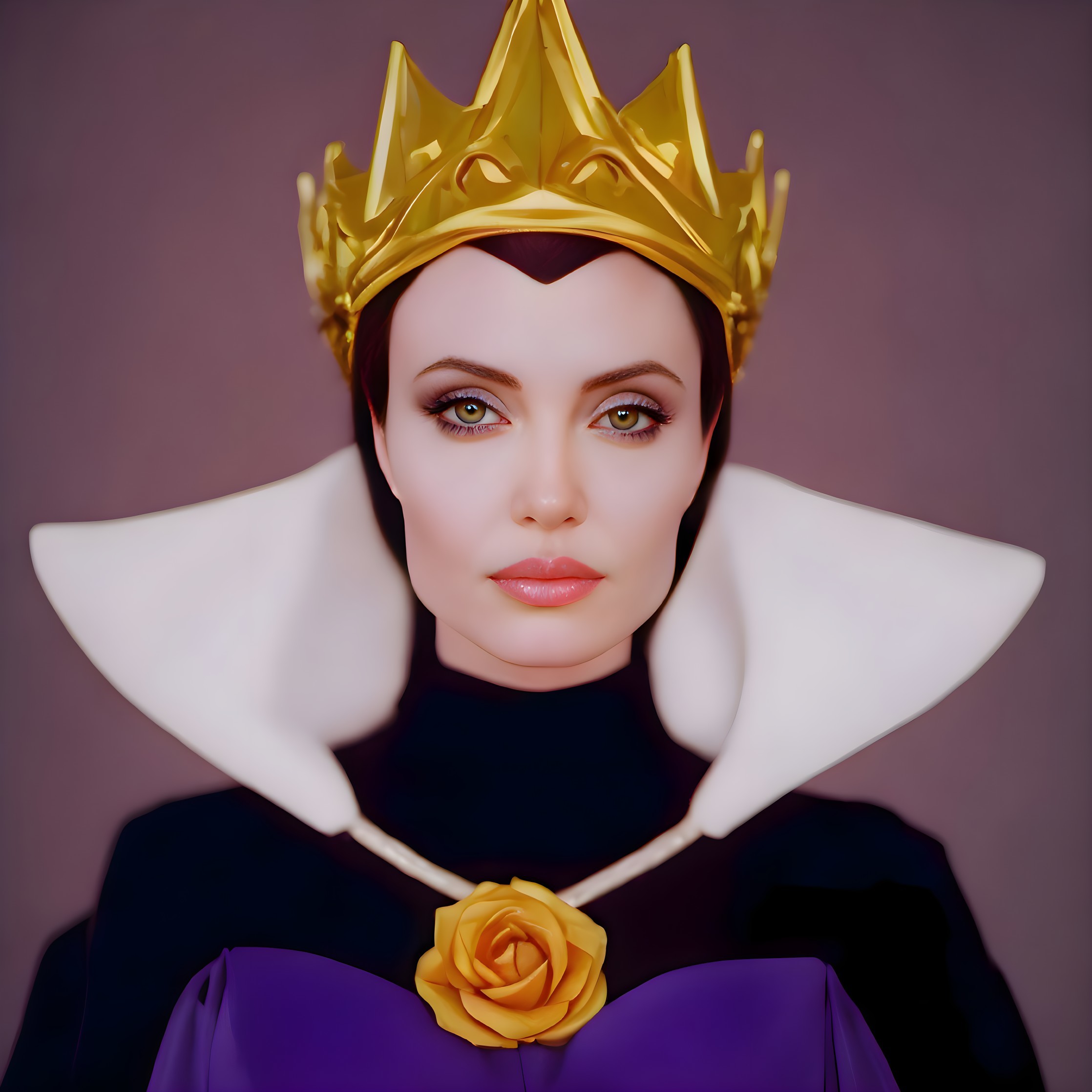 Woman in golden crown, green eyes, purple dress, large white collar, yellow rose pendant.