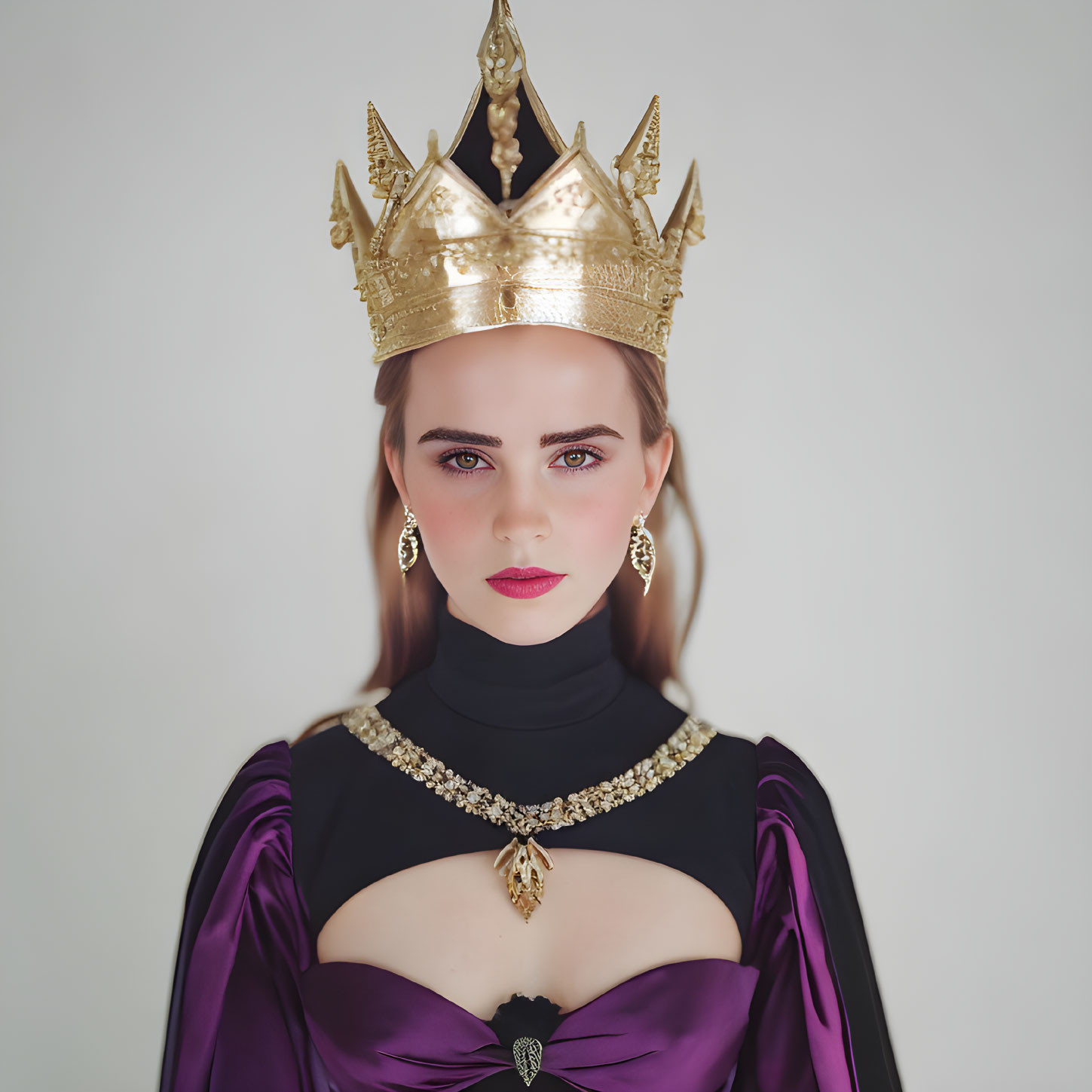 Regal woman in purple and black attire with golden accessories