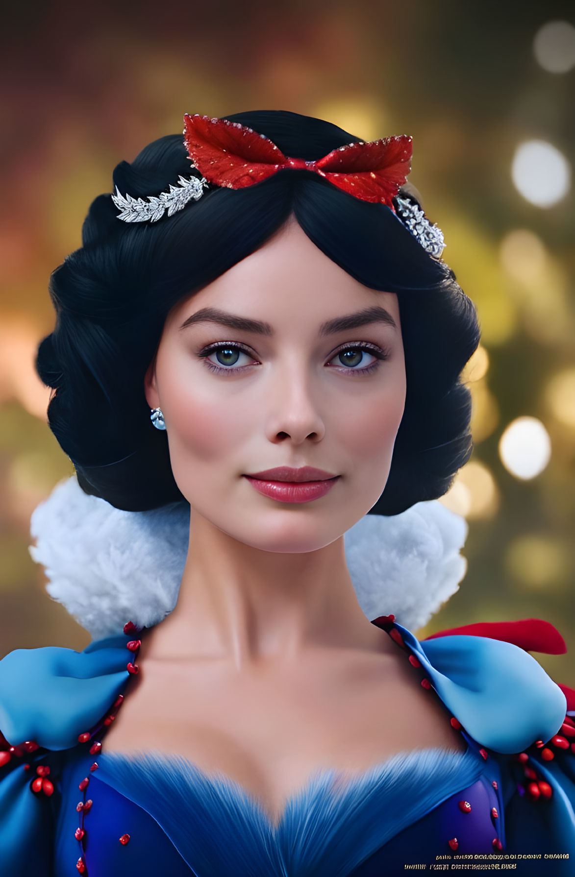 Portrait of woman with blue eyes, dark hair, red bow headpiece, blue and white gown,