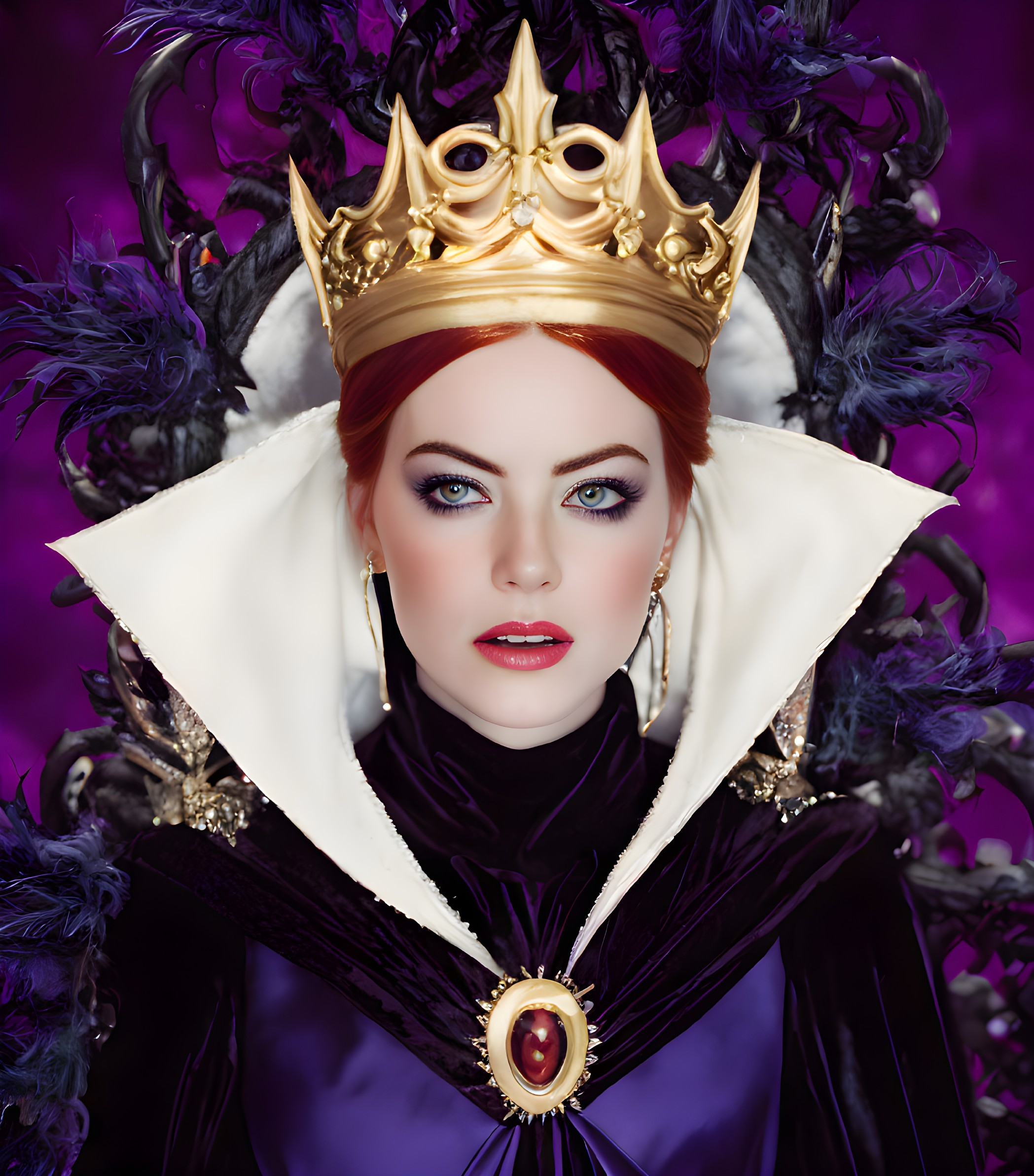 Regal Woman in Gold Crown & Elegant Purple Costume