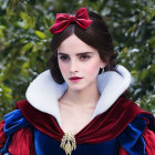 Woman in Snow White costume with red bow, blue dress, and golden brooch against green foliage.