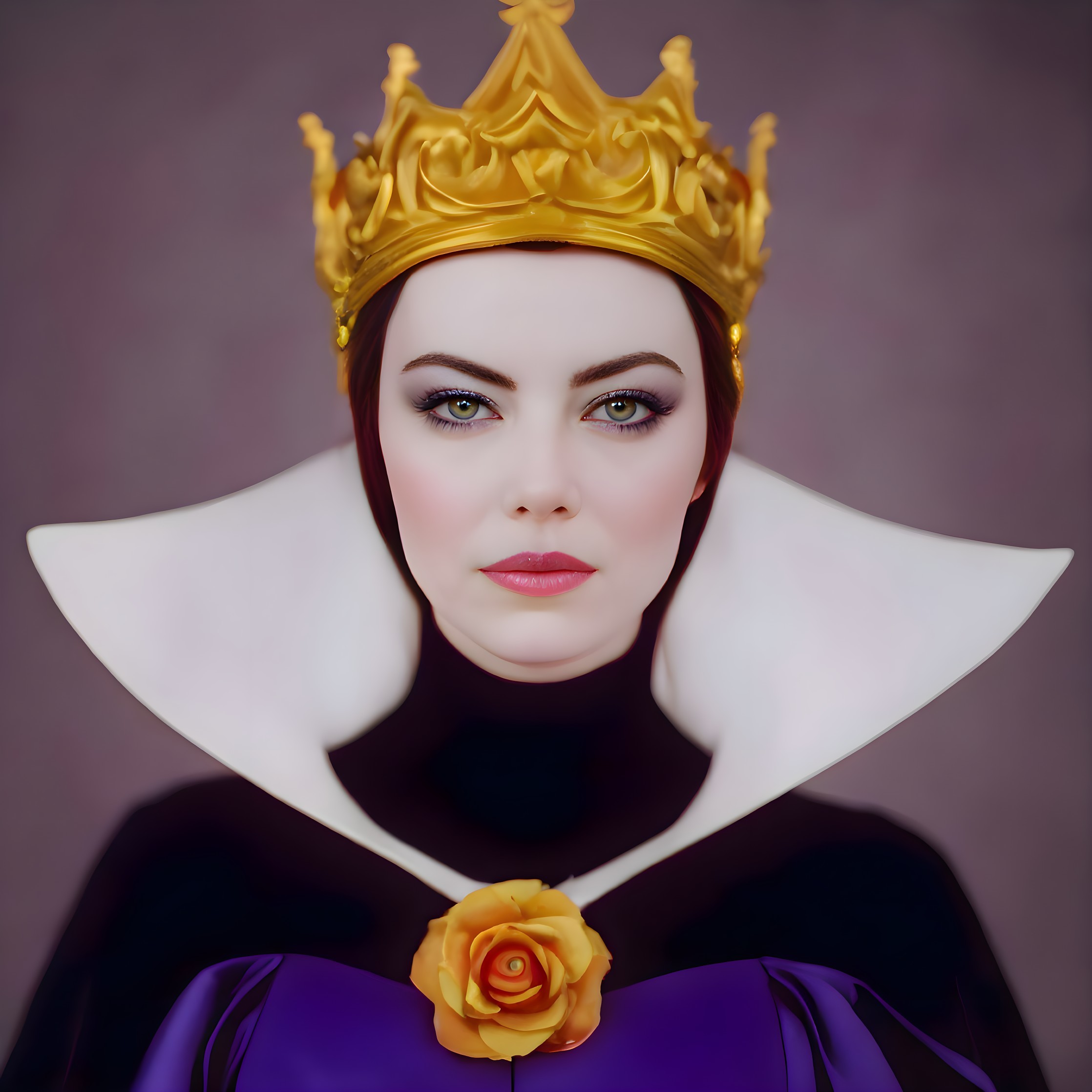 Stylized portrait of woman in golden crown, dark hair, dramatic makeup, white collar, black