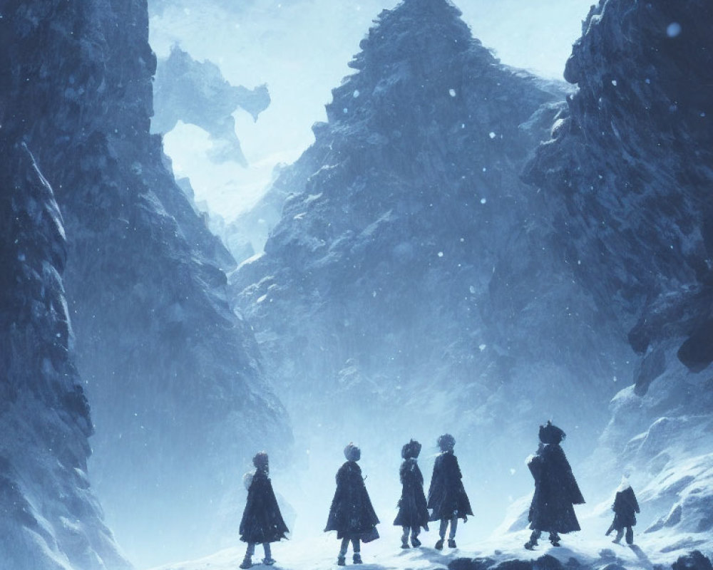 Cloaked figures in snowy mountain pass in serene winter scene