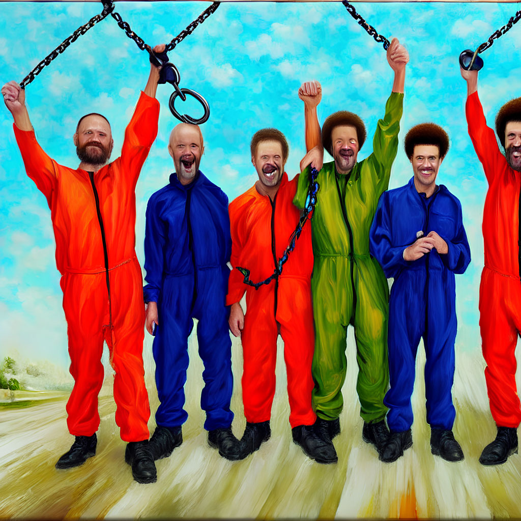 Group of Five Men in Colorful Jumpsuits Holding Shackles Above Joyful Landscape