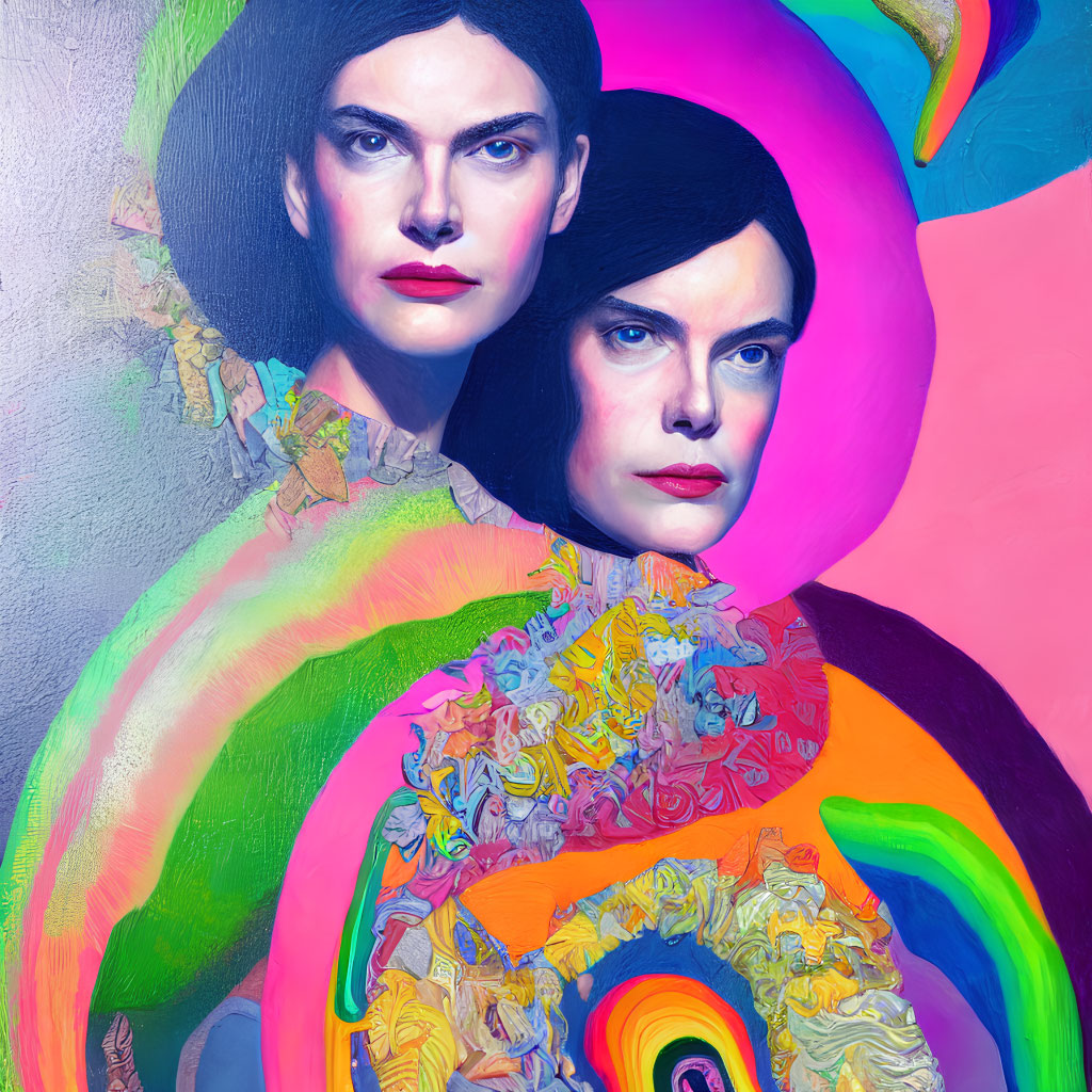 Colorful twin portrait with intense gazes and rainbow-themed clothing