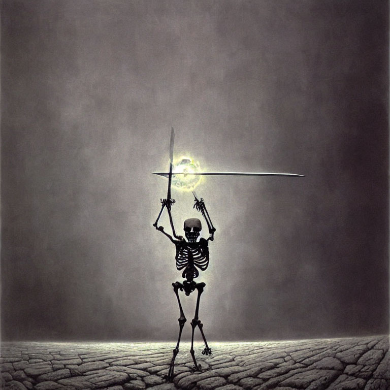 Skeleton with Sword Under Full Moon in Desolate Landscape