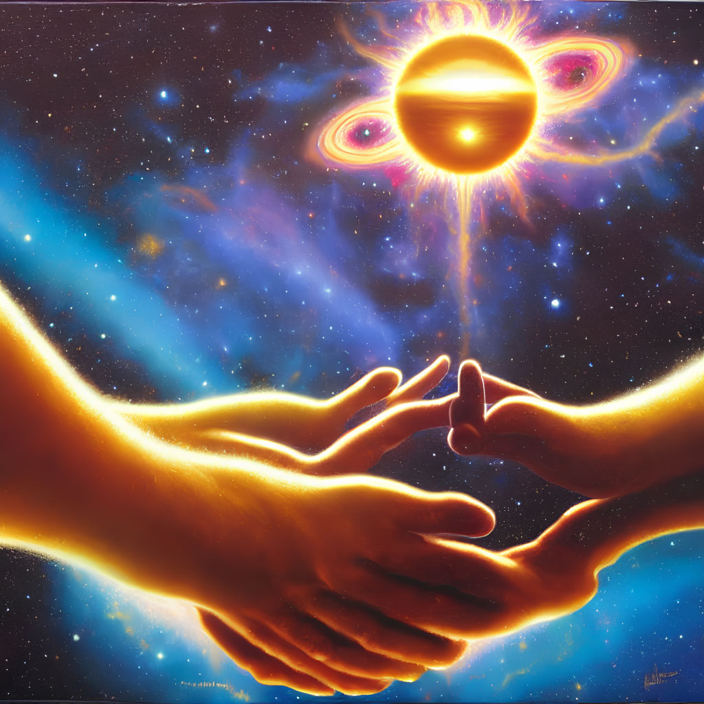 Interlocking Hands with Cosmic Background and Sun Symbol