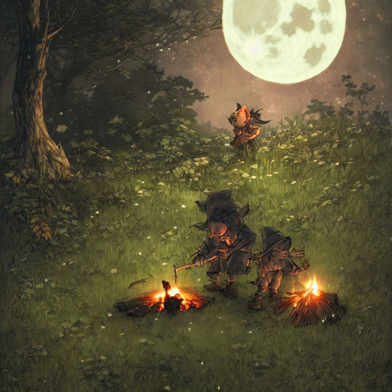 Fantasy characters by small fires in moonlit forest.