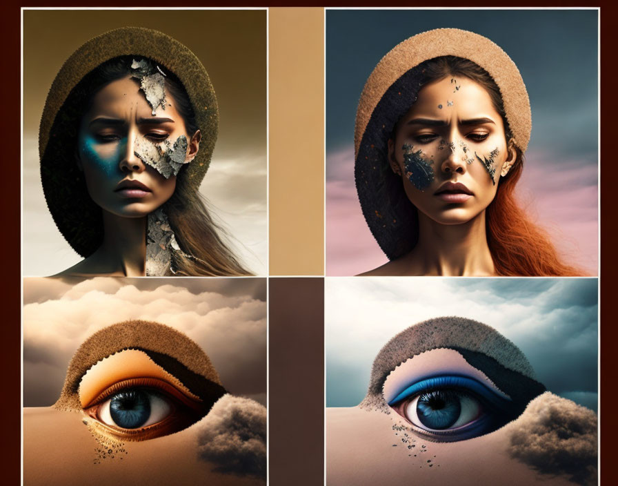 Surreal four-panel artwork of woman's face merging with landscapes