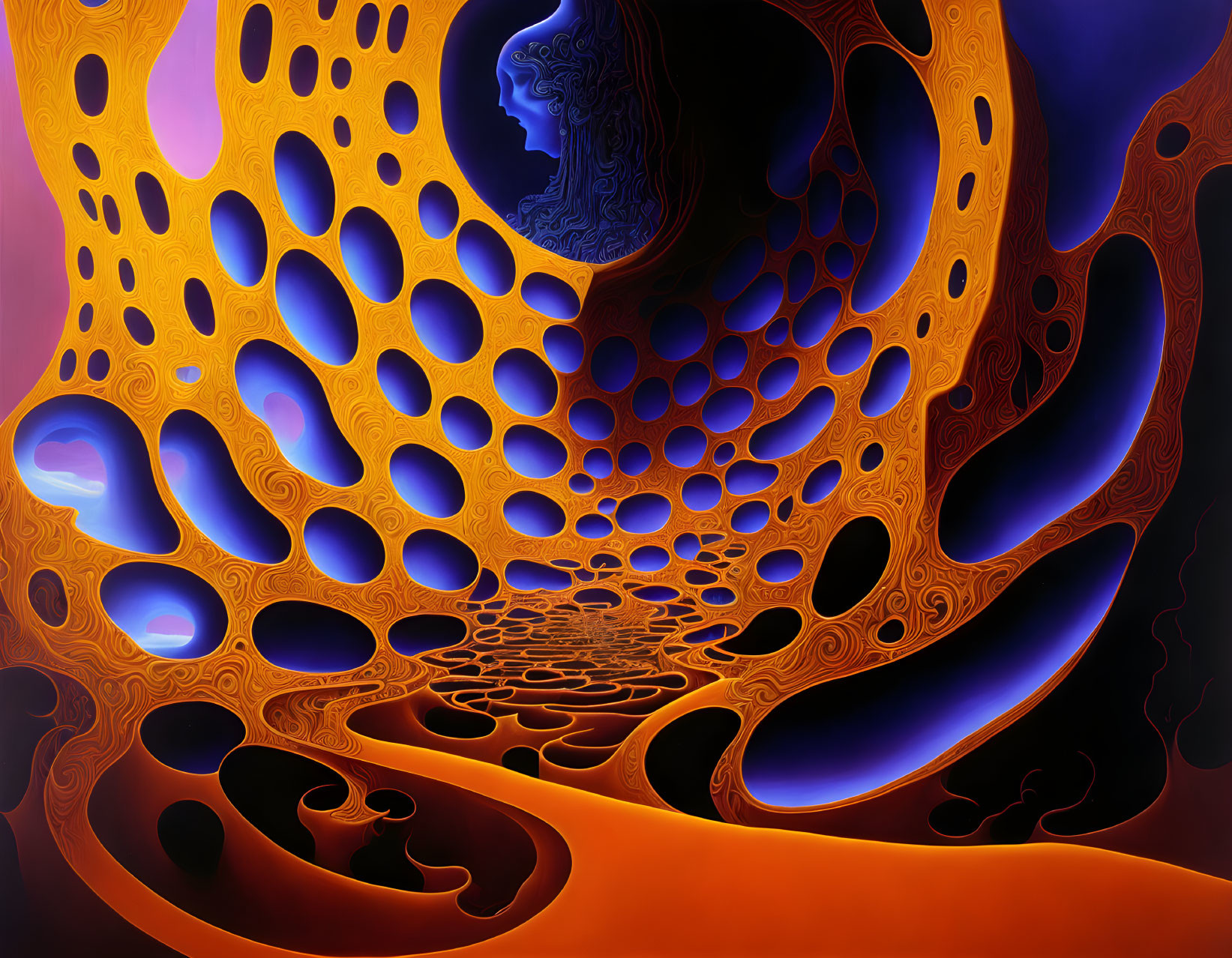 Abstract digital art: Orange and purple swirling patterns with circular voids and profile silhouette