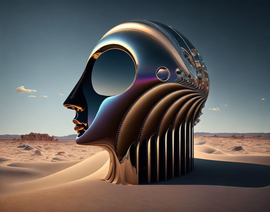 Metallic humanoid face profile with hollow eye in desert landscape