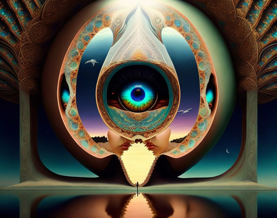 Intricate fractal art: all-seeing eye over tranquil water