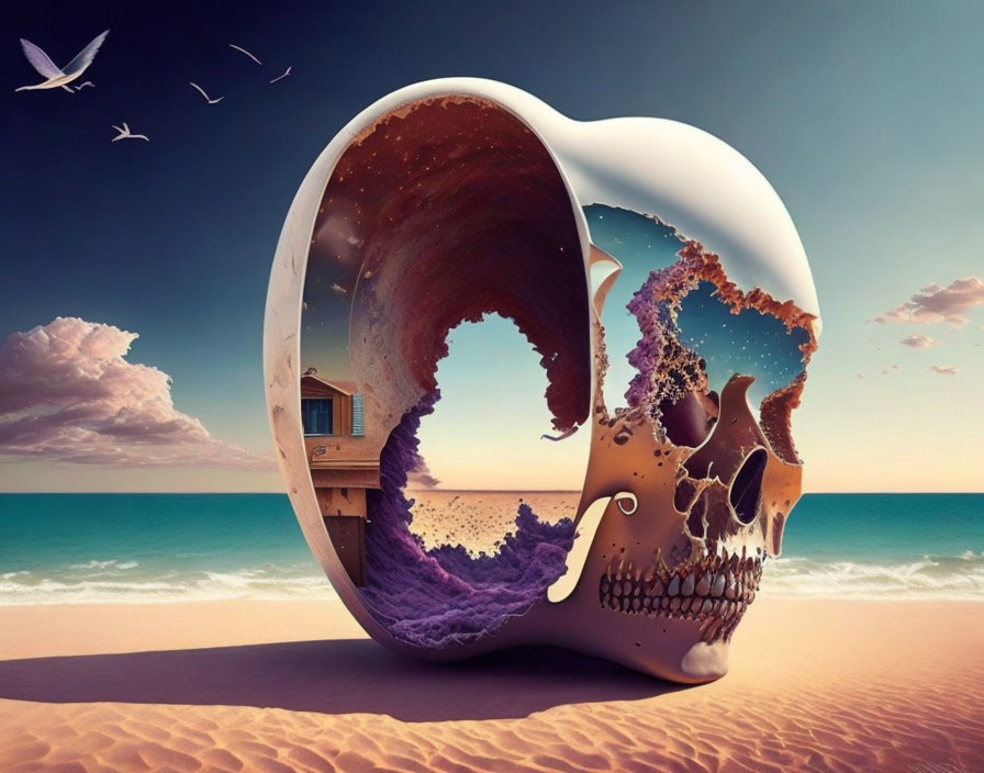 Surreal giant skull on beach with wave, sky blend, and shore cabin