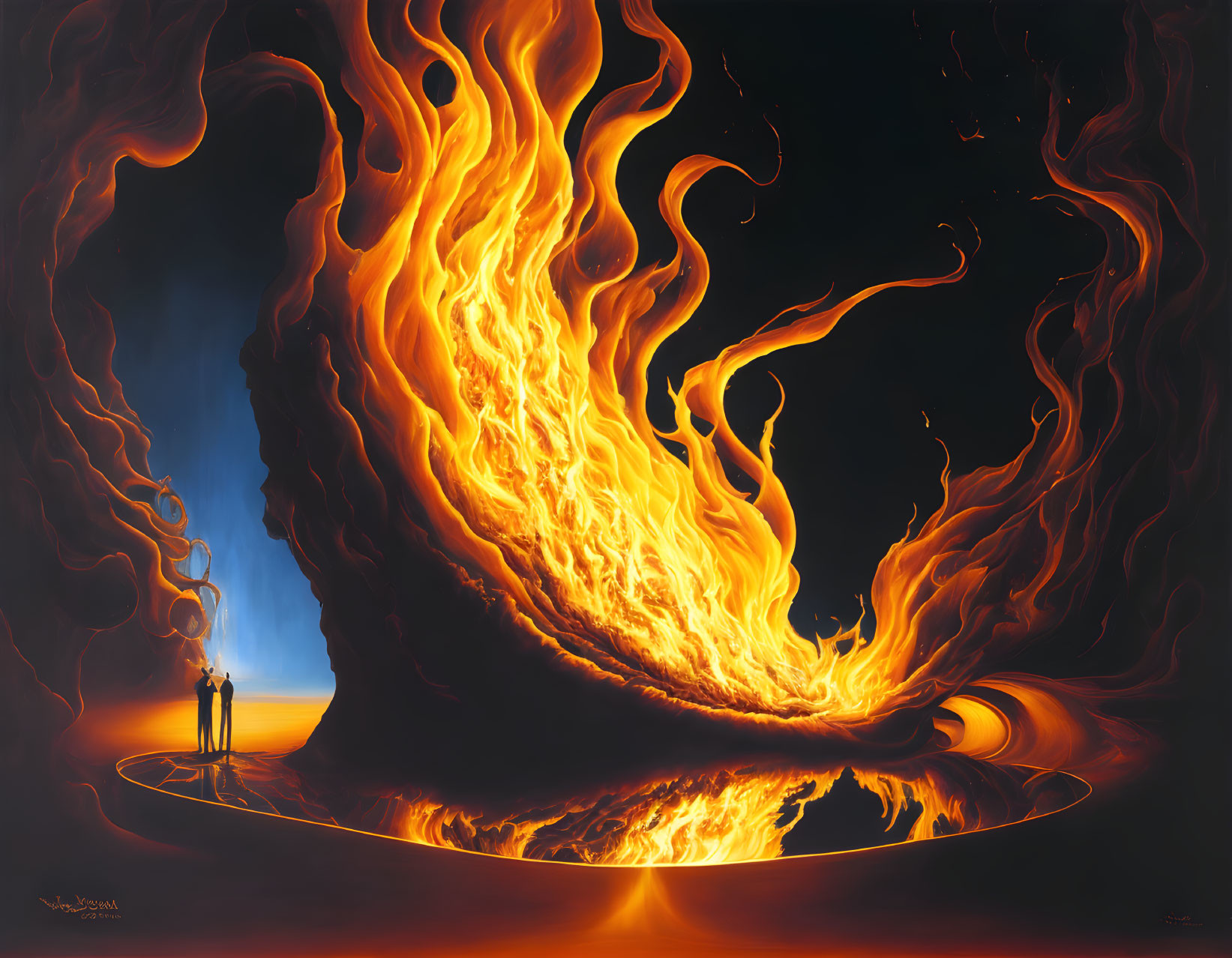 Detailed painting of small figures before swirling flames